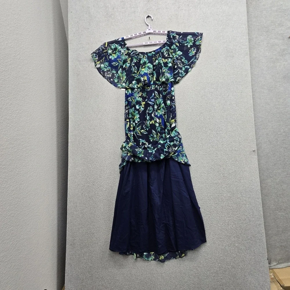 Donna‎ Morgan Women Dress 4 Navy Floral Maxi Milkmaid Chiffon Cottagecore NWT